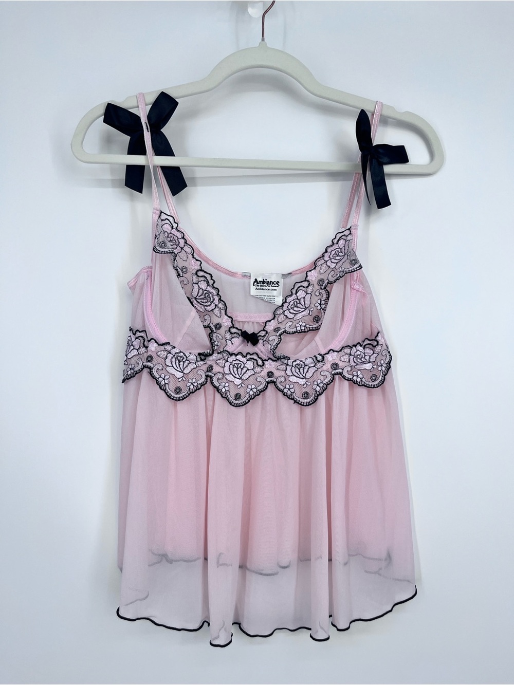Vintage Y2K Sheer Mesh Babydoll Tee Cami Top Medium Pink Lace Rose Floral Fairy - Picture 2 of 9